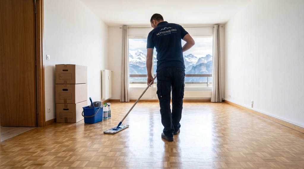 Nettoyage d’un appartement vide après déménagement, sol lavé et cartons près de la porte