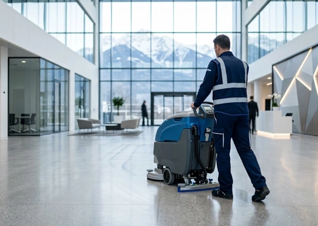 Agent d’entreprise de nettoyage à Albertville passant l’autolaveuse dans un hall de bureaux