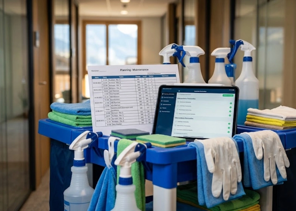 Planning d’entretien d’une entreprise de nettoyage à Albertville posé sur un chariot